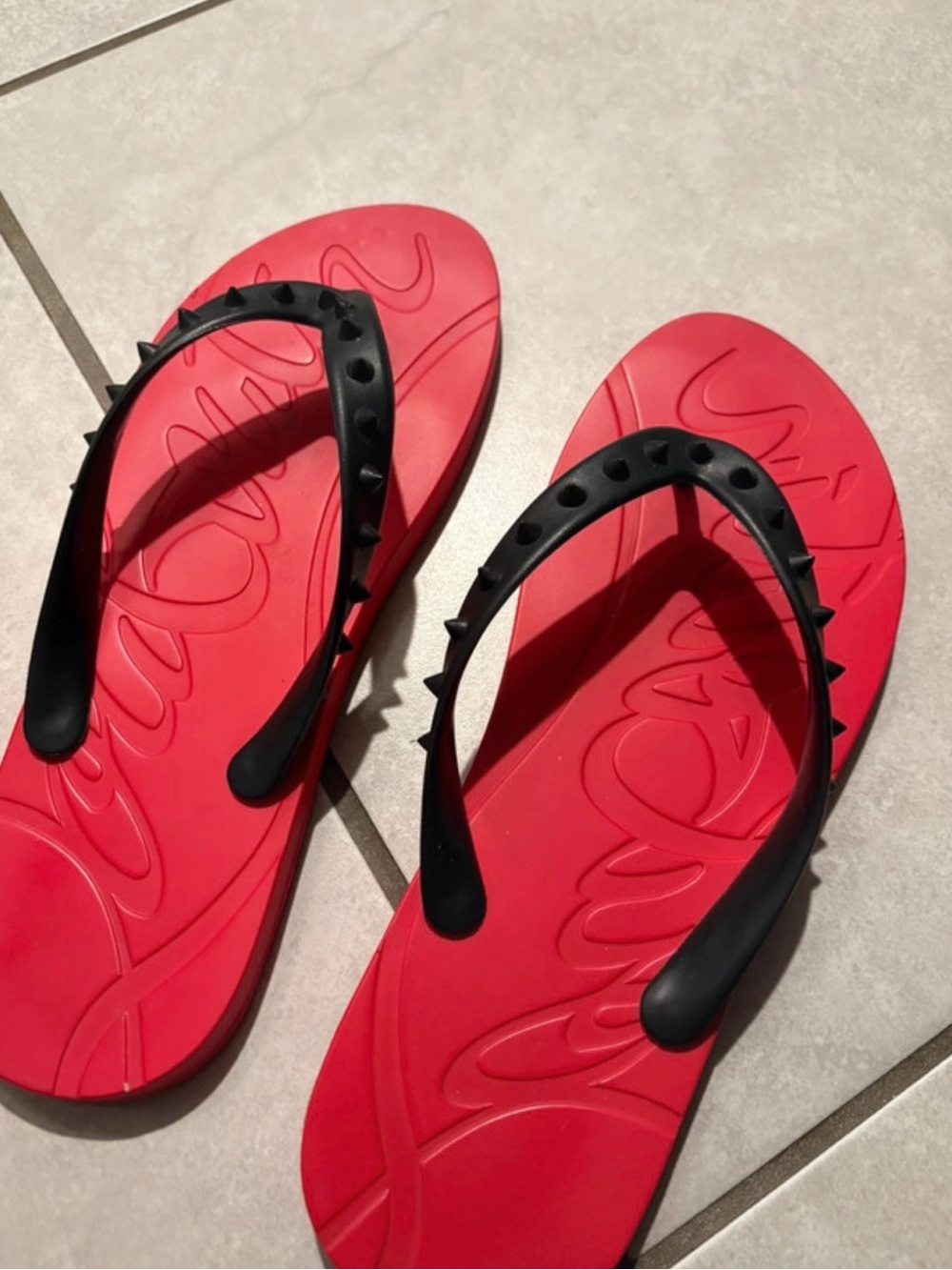 Christian Louboutin Red and Black Studded Flip-Flops